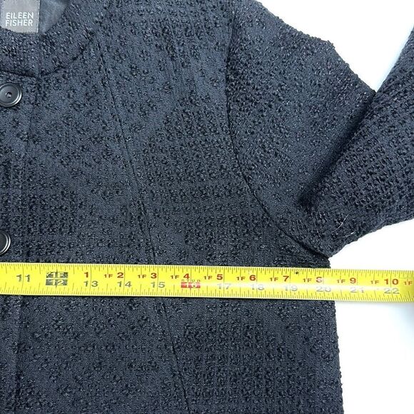 Eileen Fisher Textured Black Wool Swing Coat Silk Lined 3/4 Sleeve Band Collar S - Picture 13 of 13